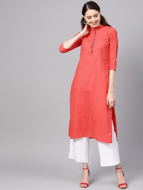 

Myshka Women Red Striped Straight Kurta