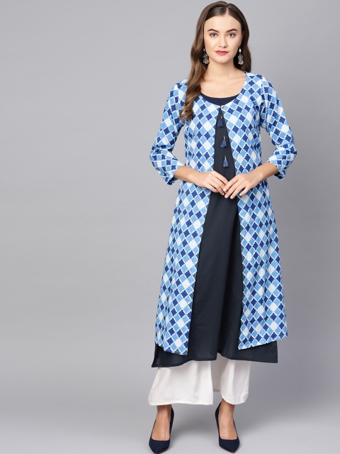 

Myshka Women Navy Blue Solid Layered A-Line Kurta