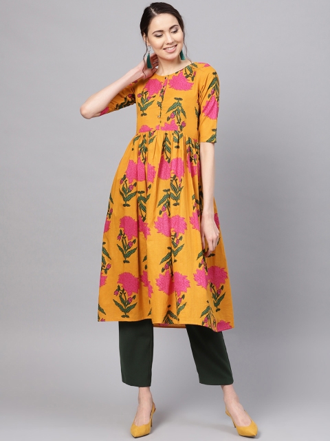 

Myshka Women Mustard Yellow & Pink Printed A-Line Kurta