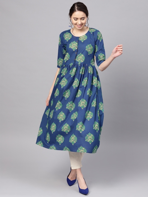 

Myshka Women Blue & Green Printed A-Line Kurta