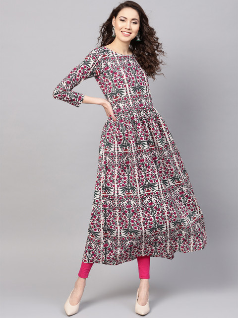 

Myshka Women Beige & Green Floral Print A-Line Kurta