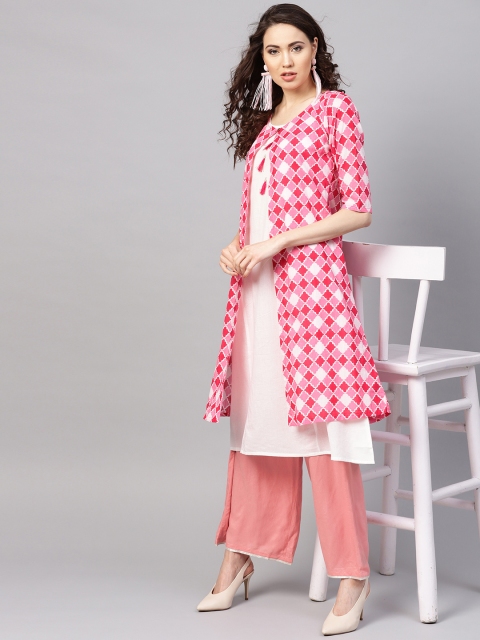 

Myshka Women White Solid A-Line Kurta with Printed Layered