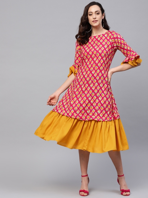 

Myshka Women Pink & Mustard Yellow Printed Midi A-Line Dress