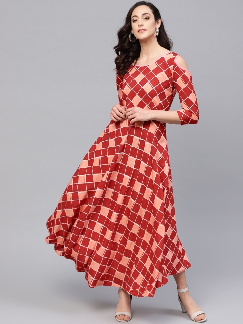 

Myshka Women Rust Red & Peach-Coloured Printed Cold Shoulder Maxi Dress