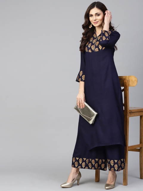 

Tulsattva Women Navy Blue & Golden Yoke Design Kurta with Palazzos