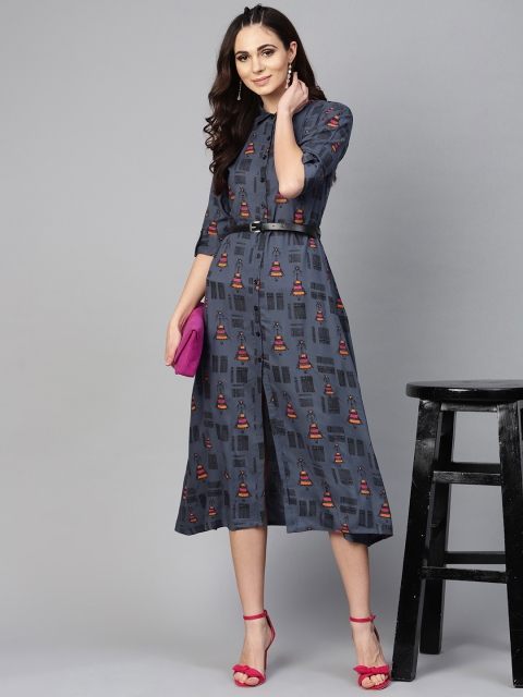 

Tulsattva Women Charcoal Grey Printed Midi Shirt Dress