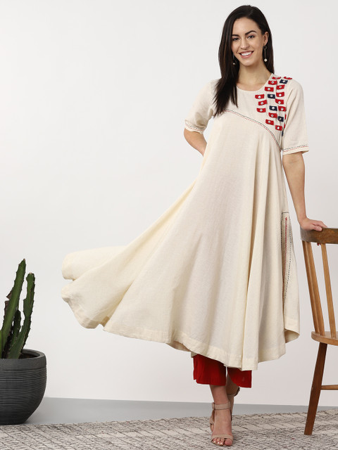 

Sangria Women Off-White & Red Yoke Design Asymmetrical Hem Anarkali Kurta