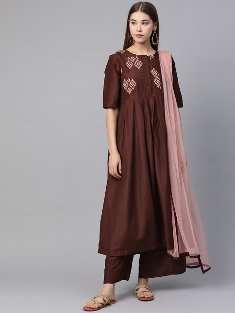 

Sangria Women Coffee Brown & Pink Embroidered Yoke Design Kurta with Palazzos & Dupatta