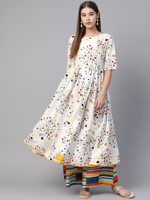 

Sangria Women White & Navy Blue Printed Angrakha Kurta with Palazzos