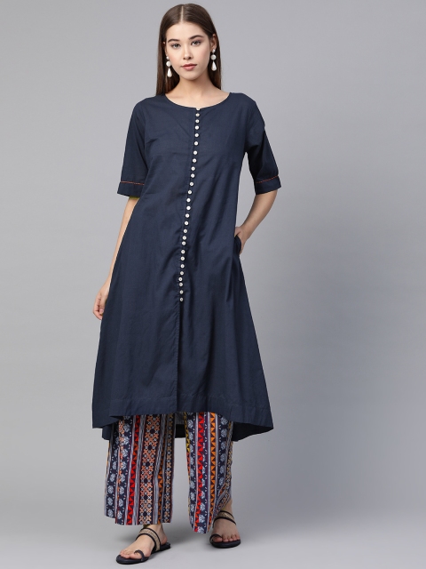 

Sangria Women Navy Blue Solid High-Low Kurti with Palazzos