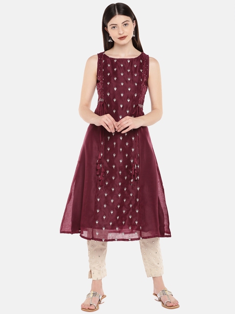 

Ethnicity Women Maroon Embroidered A-Line Kurta