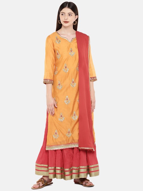 

Ethnicity Women Mustard & Embroidered Kurta with Skirt & Dupatta