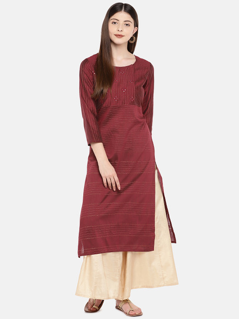 

Ethnicity Women Maroon Solid Silk Straight Kurta