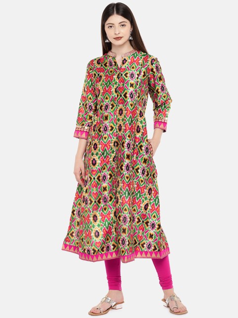 

Ethnicity Women Green & Pink Printed A-Line Kurta