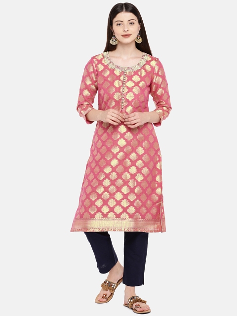 

Ethnicity Women Pink & Gold-Toned Woven Design Straight Kurta