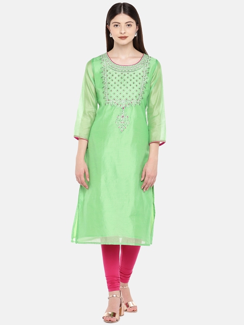 

Ethnicity Women Green Yoke Design Straight Kurta