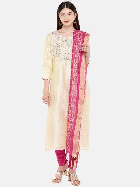 

Ethnicity Women Beige & Pink Solid Kurta with Churidar & Dupatta