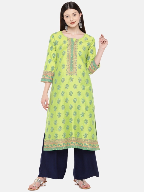 

Ethnicity Women Lime Green & Blue Printed Straight Kurta