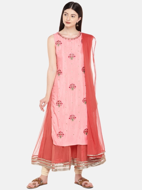 

Ethnicity Women Peach-Coloured Embroidered Straight Kurta with Dupatta