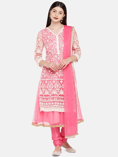 

Ethnicity Women Pink Embroidered Kurta with Churidar & Dupatta