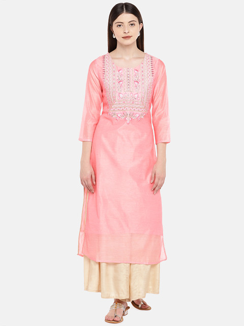 

Ethnicity Women Pink Yoke Design Straight Kurta