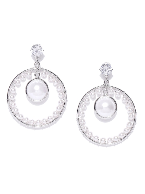 

Jewels Galaxy White Silver-Plated Stone-Studded & Beaded Handcrafted Drop Earrings