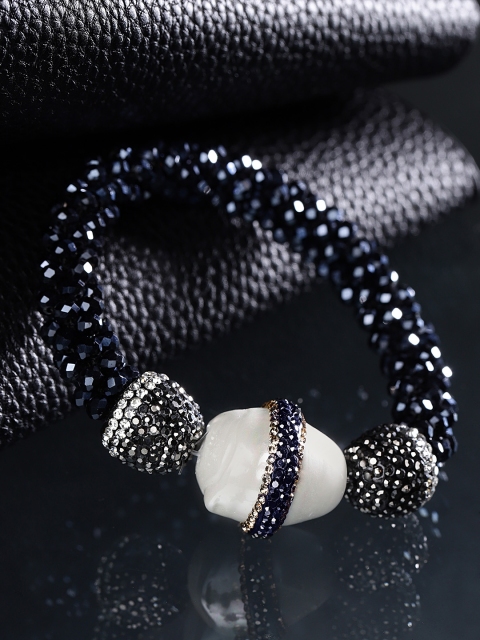 

Jewels Galaxy Navy Blue & Off-White Beaded & Stone-Studded Elasticated Bracelet