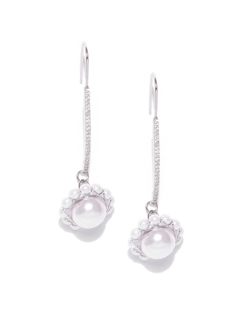 

Jewels Galaxy White Silver-Plated Stone-Studded & Beaded Contemporary Drop Earrings