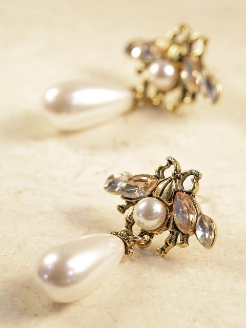 

Jewels Galaxy White & Antique Gold-Plated Handcrafted Contemporary Drop Earrings