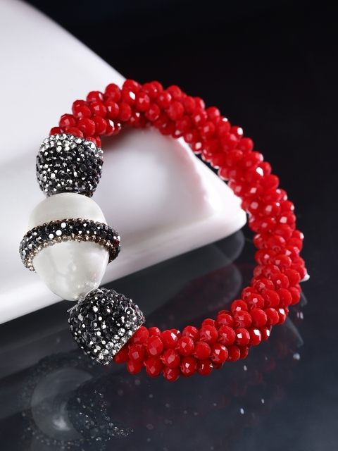 

Jewels Galaxy Red & Off-White Beaded & Stone-Studded Elasticated Bracelet