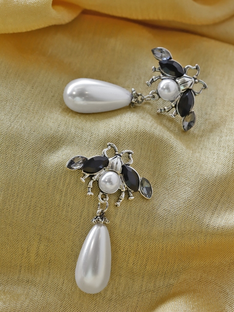 

Jewels Galaxy Black Silver-Plated Handcrafted Stone-Studded Contemporary Drop Earrings