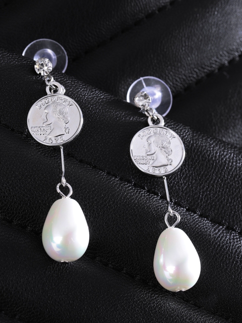 

Jewels Galaxy Off-White Silver-Plated Beaded Handcrafted Circular Drop Earrings