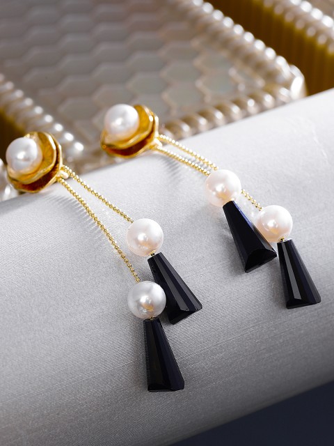 

Jewels Galaxy Off-White & Black Gold-Plated Beaded Handcrafted Contemporary Drop Earrings
