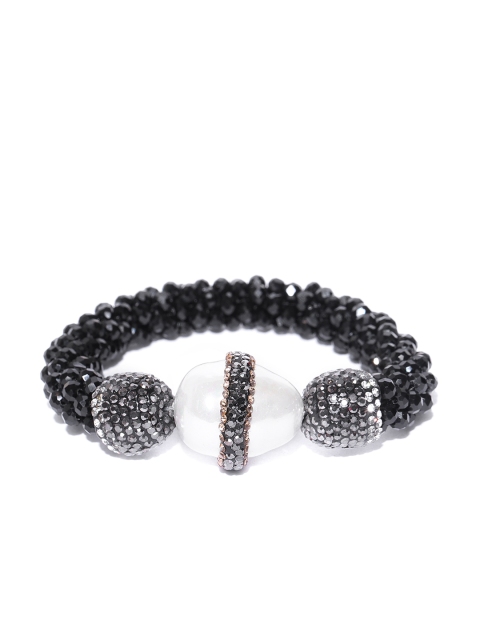 

Jewels Galaxy Black & Off-White Beaded & Stone-Studded Elasticated Bracelet