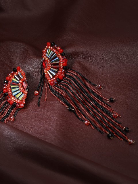 

Jewels Galaxy Red & Black Gold-Plated Handcrafted Stone-Studded Contemporary Drop Earrings