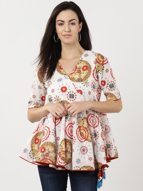 

Sangria Women White & Red Printed Wrap Pure Cotton Top