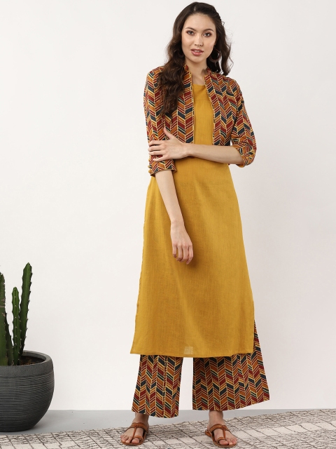 

Sangria Women Mustard Yellow & Rust Red Solid Kurta with Palazzos
