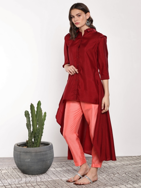 

Sangria Women Maroon & Peach-Coloured Solid Kurta with Trousers