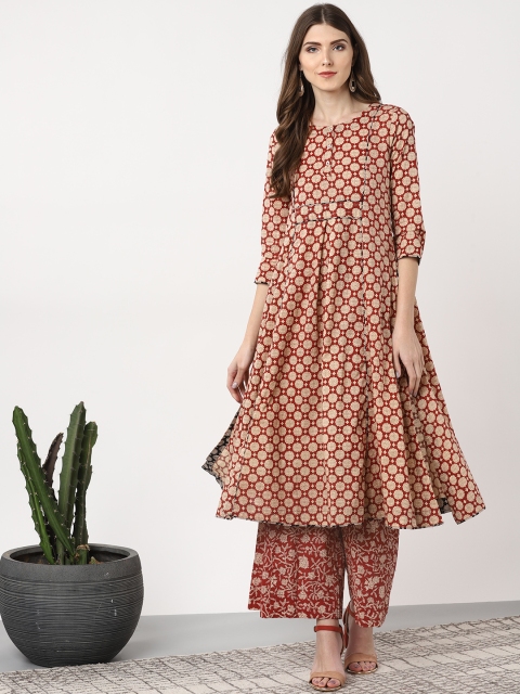 

Sangria Women Maroon & Beige Printed Kurta with Palazzos