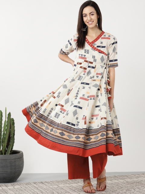 

Sangria Women Off-White & Rust Red Printed Angrakha Kurta with Palazzos