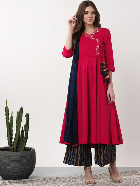 

Sangria Women Magenta & Navy Blue Solid Angrakha Kurta with Palazzos & Dupatta