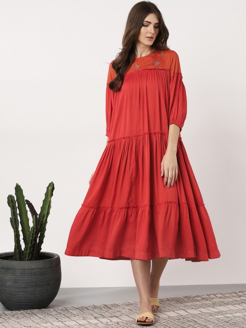 

Sangria Women Striped Red & Orange Striped Fusion A-Line Dress