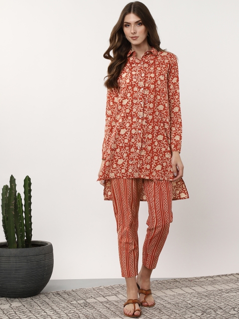 

Sangria Women Rust Orange & Beige Hand Block Print Kurta with Trousers
