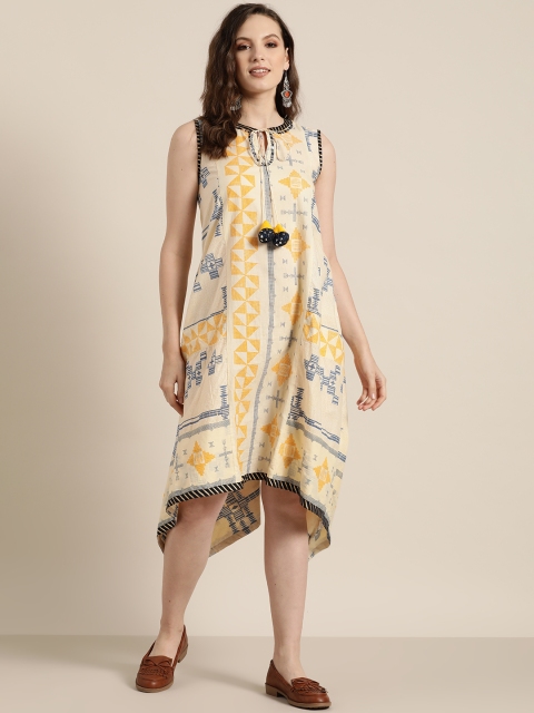 

Sangria Women Cream-Coloured & Mustard Yellow Printed A-Line Dress