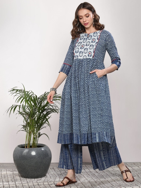 

Sangria Women Blue & White Printed Kurta with Palazzos