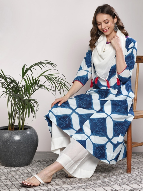 

Sangria Women Blue & White Printed Kurta with Palazzos & Dupatta