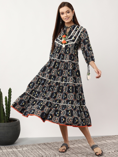 

Sangria Women Navy Blue & Off-White Printed Tiered Fusion A-Line Dress
