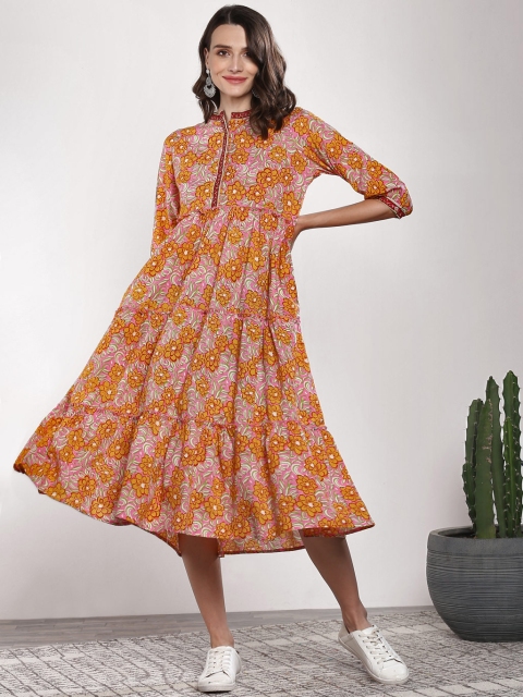 

Sangria Women Pink & Mustard Yellow Printed Fusion A-Line Dress