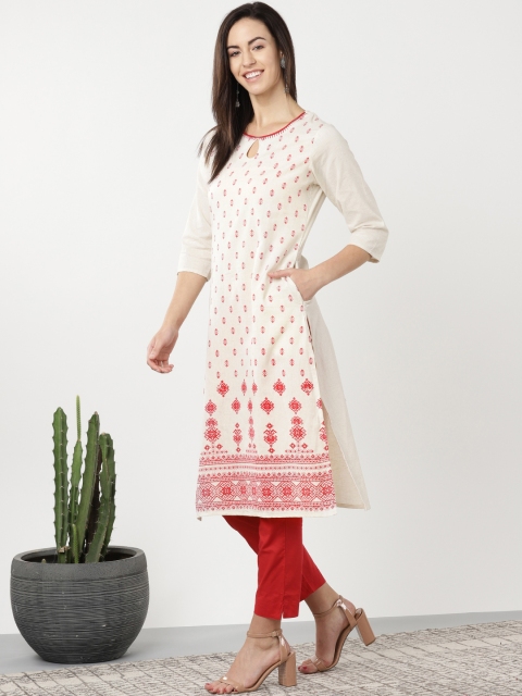 

Sangria Women Beige & Red Printed Kurta with Trousers