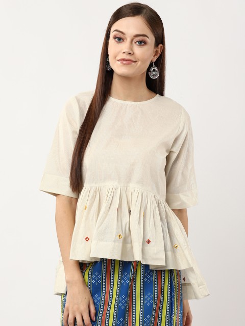 

Sangria Women Cream-Coloured Striped High-Low Top
